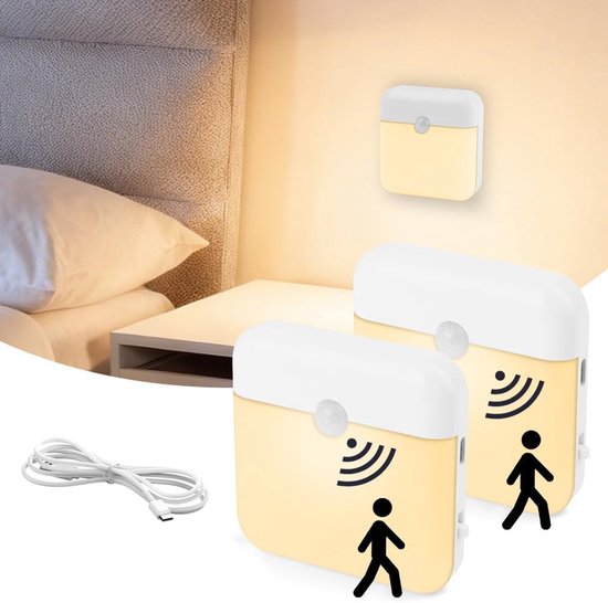 2-teiliges Sensor-nachtlicht, Dimmbare Warmweiße Led, Usb-c-wiederaufladbar, Magnetisch.