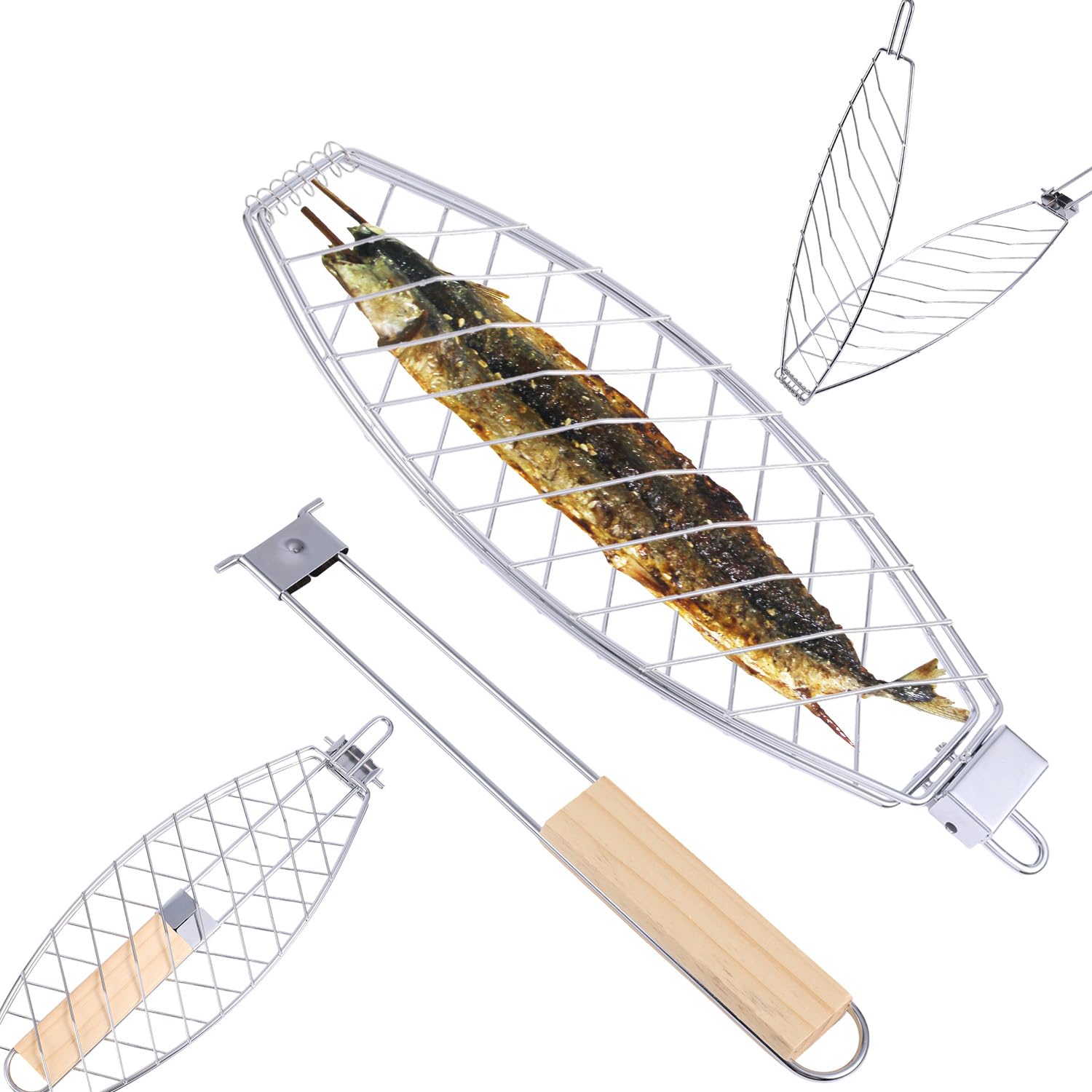 Fischgrillkorb, Faltbarer Eisenkorb Mit Holzgriff, Antihaftbeschichteter Grillrost, Zubehör Für Die Zubereitung Von Speisen Im Freien, Geeignet Zum Grillen Aller Fischarten.