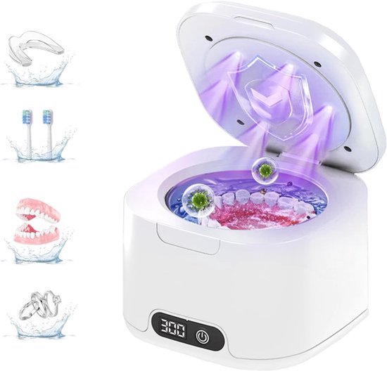 Ultraschallreiniger & Dentalreinigungsgerät Mit Uv-licht Für Zahnprothesen, Zahnspangen, Zahnbürstenköpfe, Schmuck, Weiß (300 Ml)