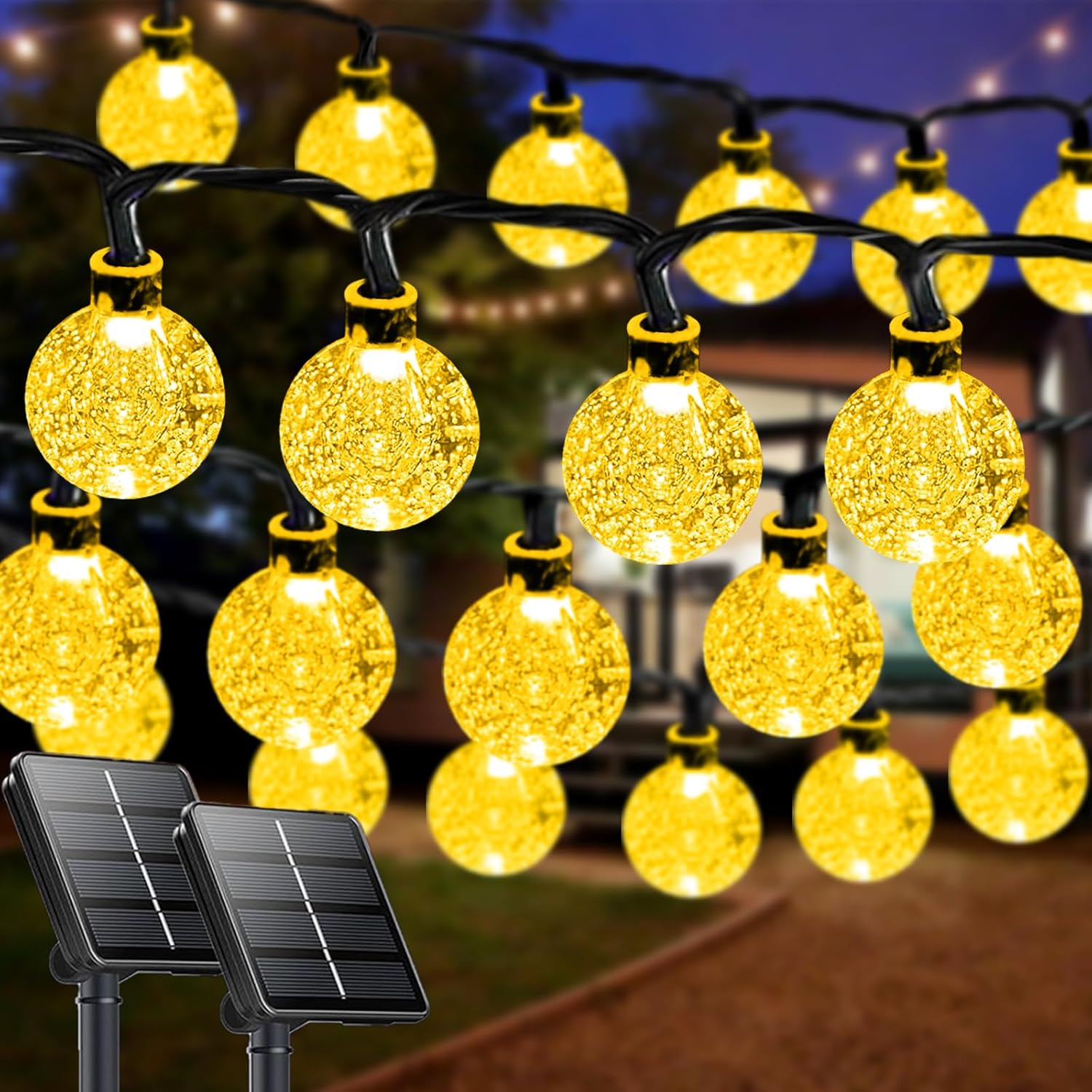 2 Stück – 12 Meter – Solar-lichterkette Mit 100 Led-kristallkugeln – 8 Lichteffekte – Wasserdicht – Warmweiß – Für Garten, Terrasse, Hochzeiten Und Partys
