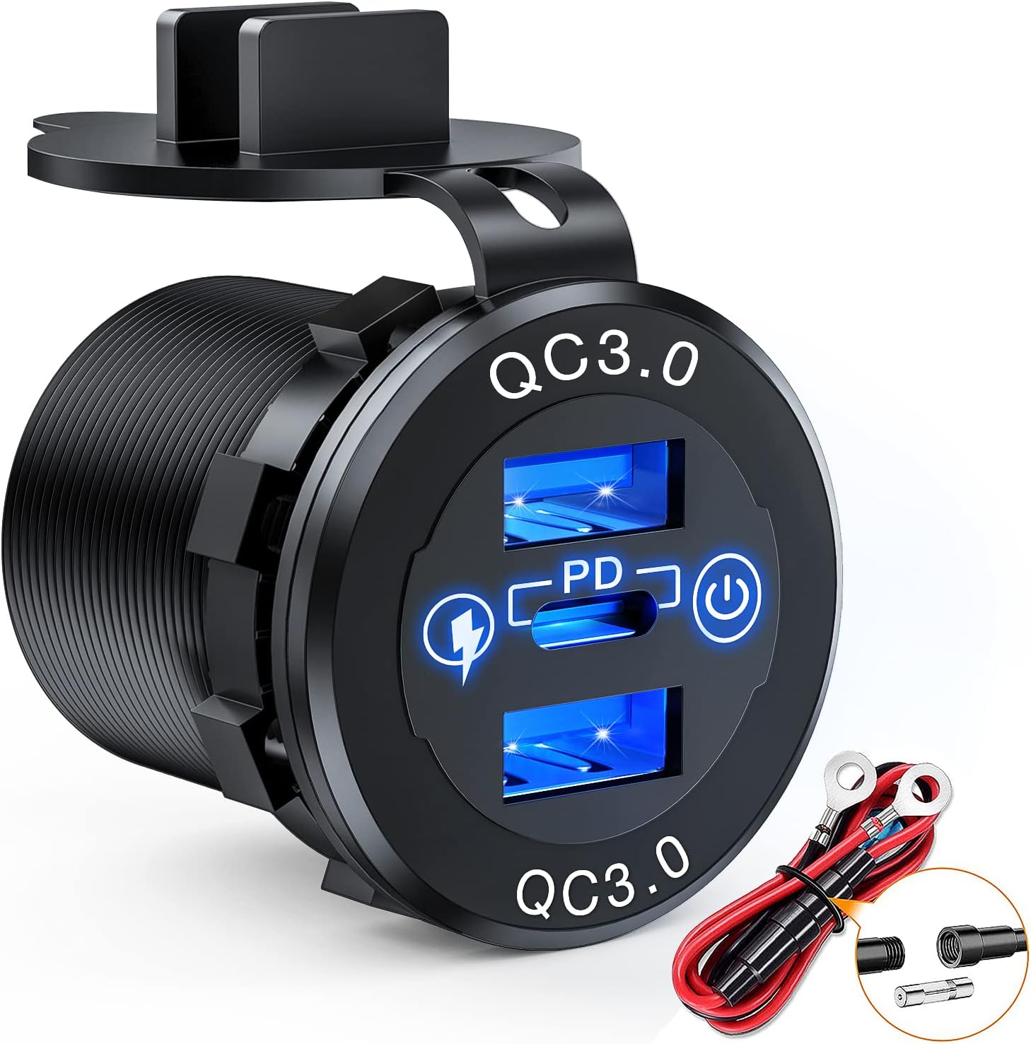 Doppel-usb-buchse Pd Typ C Und Qc3.0 12v 24v Kfz-steckdosen-schalter-sicherungs-verkabelungssatz Für Autos, Lkws, Wohnmobile Und Camper