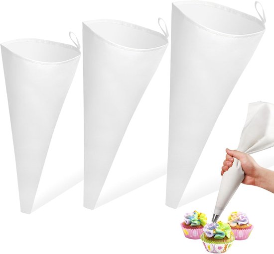 Ein Set Aus 3 Wiederverwendbaren Spritzbeuteln Aus Baumwolle Mit Den Maßen 30/35/40 Cm – Geeignet Zum Dekorieren Von Keksen, Cupcakes Und Kuchen.