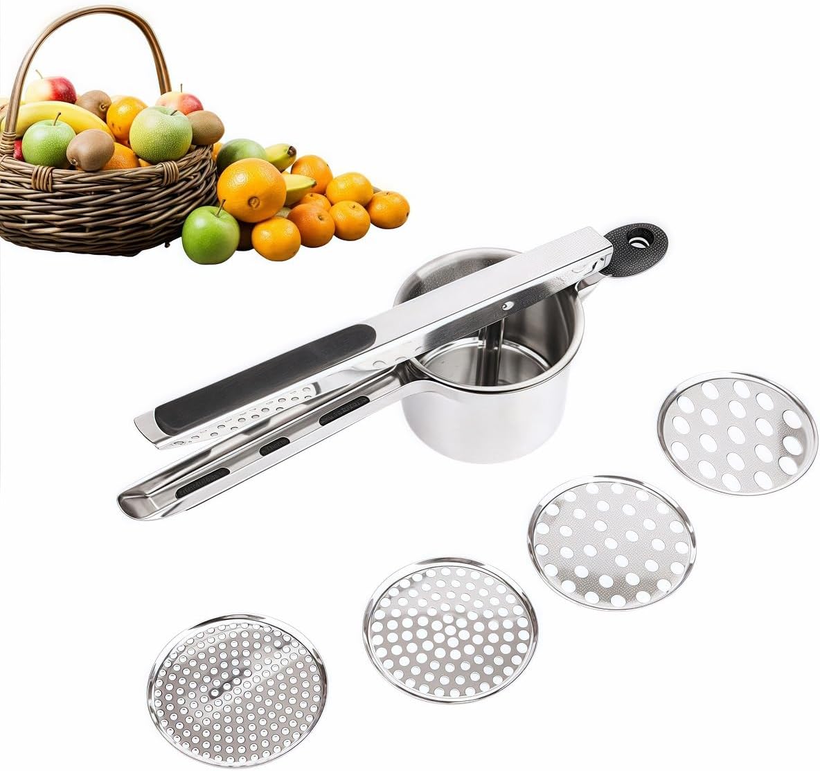 Hochwertiger, Robuster Kartoffelstampfer (425 G) – Hergestellt Aus Professionellem Edelstahl, Mit 4 Austauschbaren Stampfschalen Für Cremiges, Lockeres Kartoffelpüree.