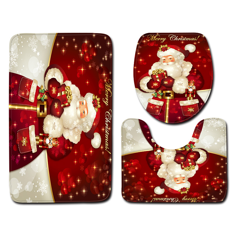 Weihnachtliches Badeset Mit Abzieher Und Wc-reinigungstuch, Dreiteilig, Rutschfeste Fußmatte, 50 X 80 Cm, Rot