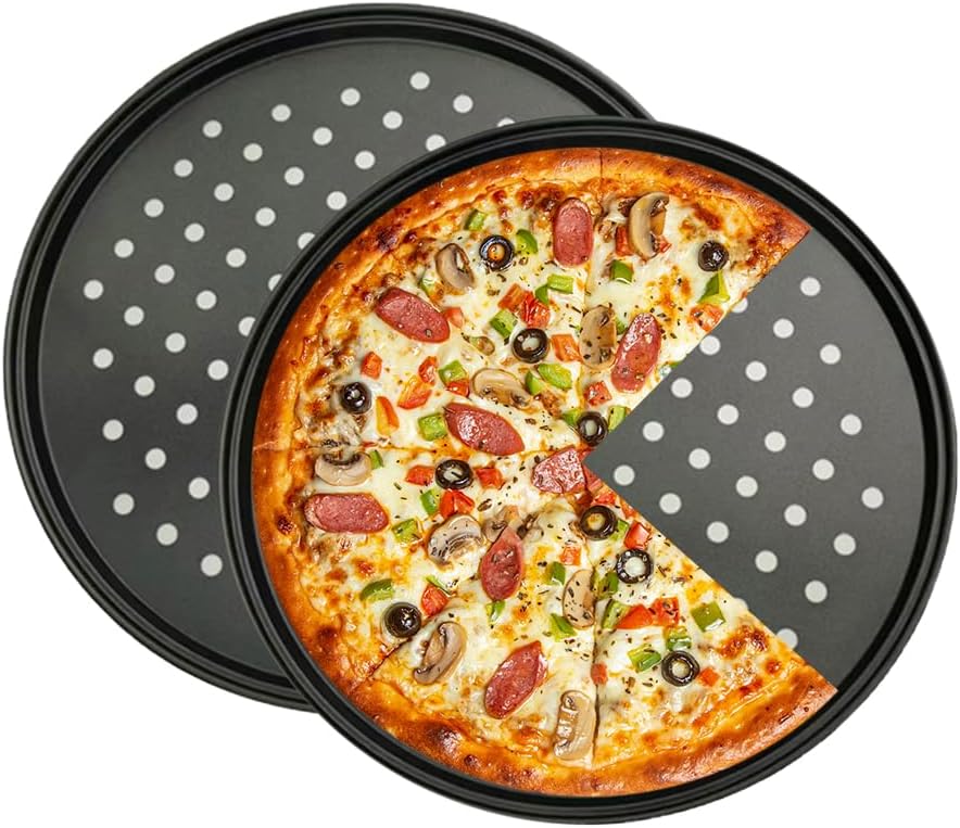 4 Runde Pizzableche – Pizzabackbleche – Rund – Antihaftbeschichtung – Grau, Perforiert