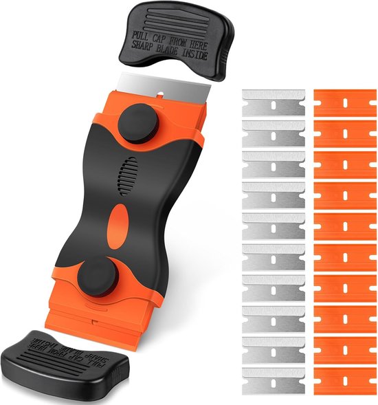 Doppelseitiger Glas-/reinigungsschaber, Klebstoffentferner, Zum Aufhängen, Inklusive 20 Metall- Und Kunststoffklingen Für Aufkleber/etiketten/farbe – Orange, Schwarz
