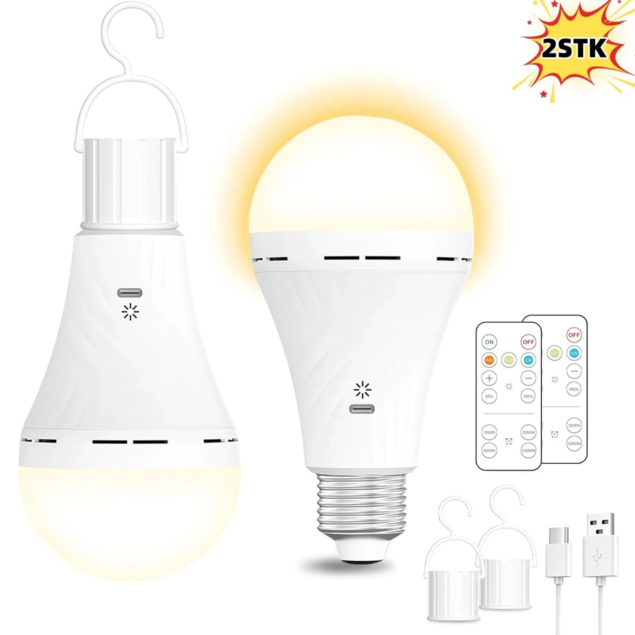 2er-pack Led-lampen, Usb-aufladbar, 2600 Mah, Fernbedienung, Timer, E27-fassung, Haken, Tischlampen, Pendelleuchten, Nachtlichter