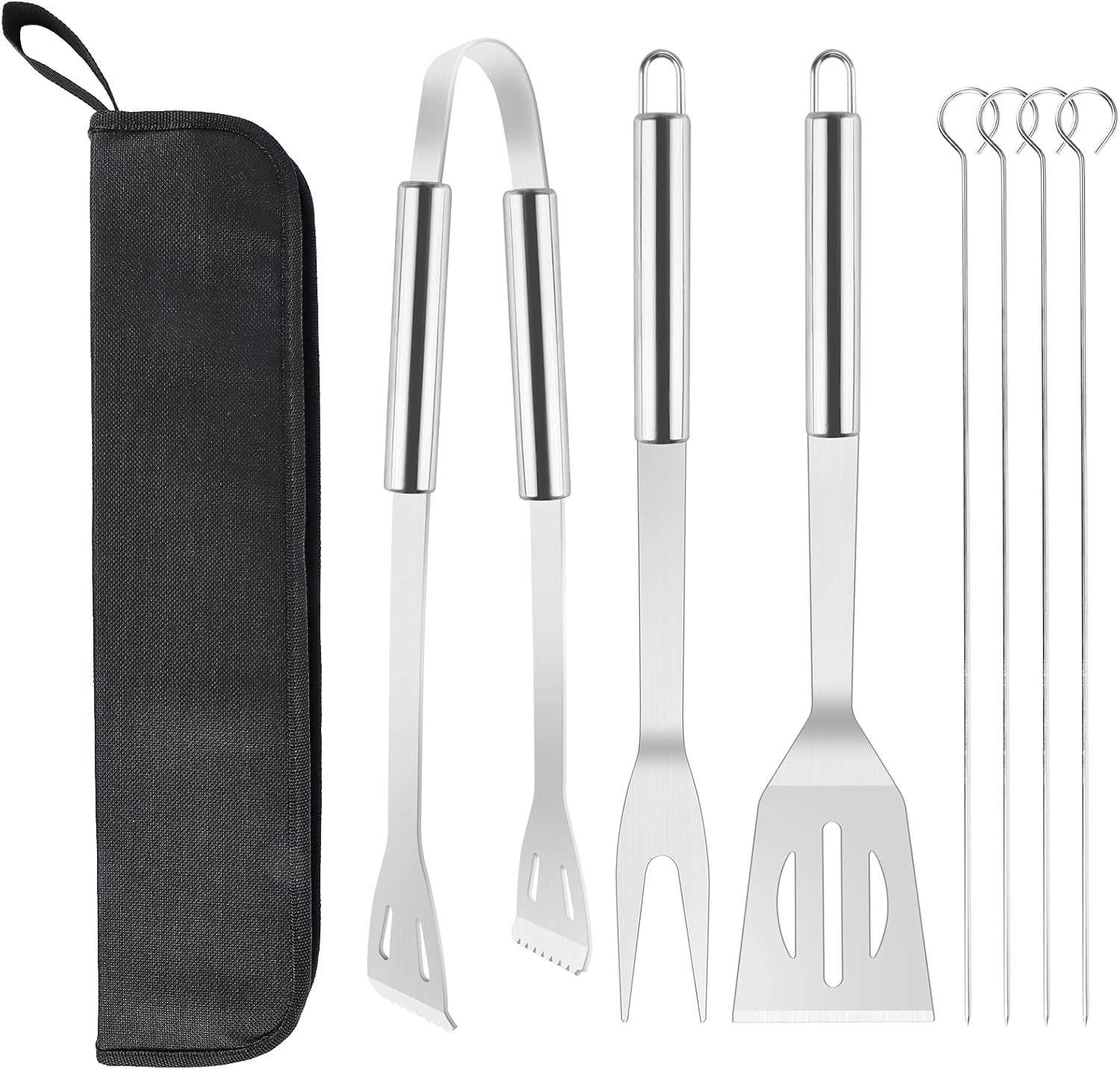 Dieses Grillbesteck-set Enthält 7 Grillbesteckteile Und Zubehör – Darunter Grillgabel, Grillzange, Pfannenwender Und Spieße – Aus Edelstahl.