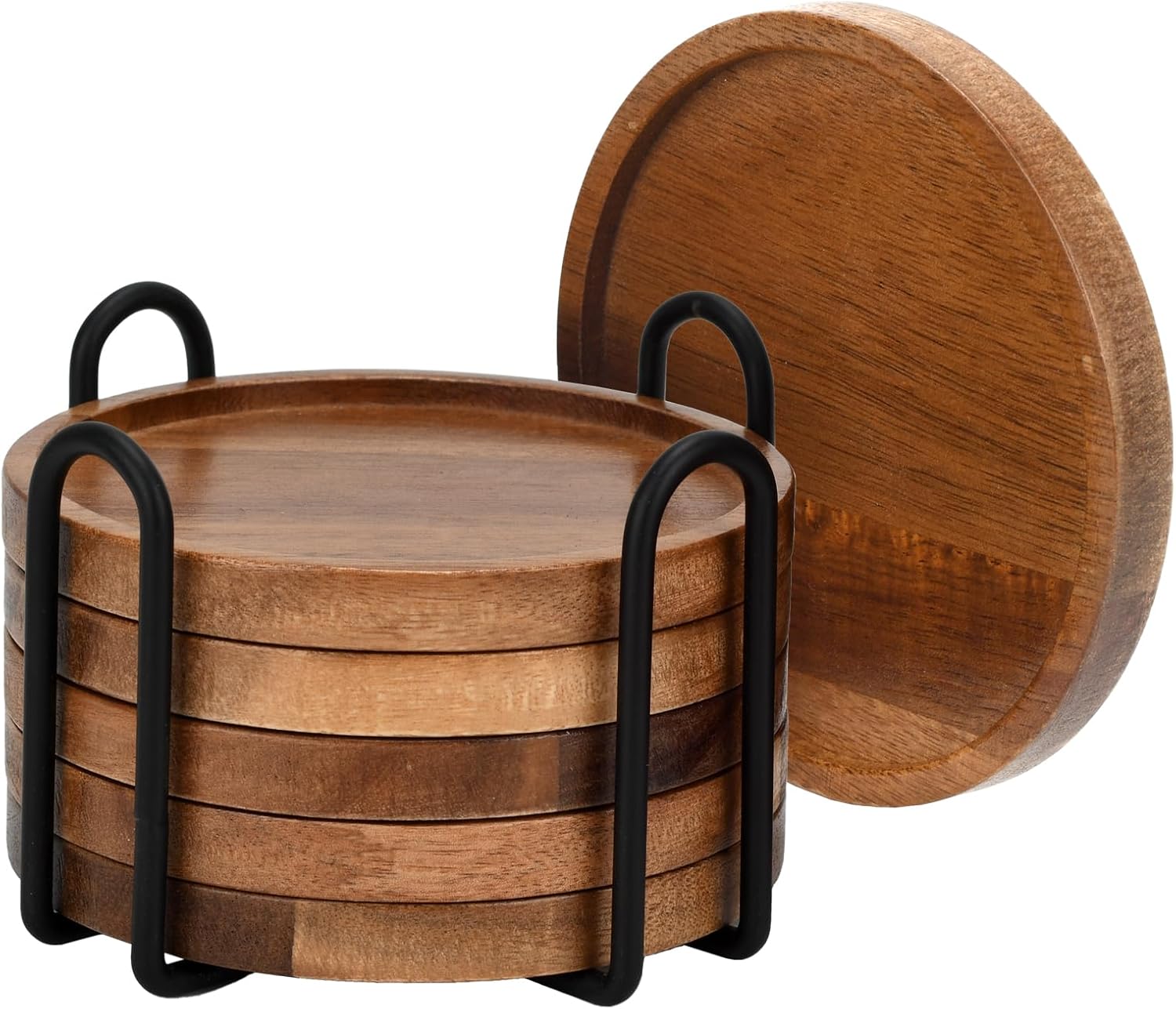 6-teiliges Set Runder Untersetzer Aus Akazienholz (10 Cm Durchmesser) Mit Eisenständer – Ideal Für Die Kaffeebar