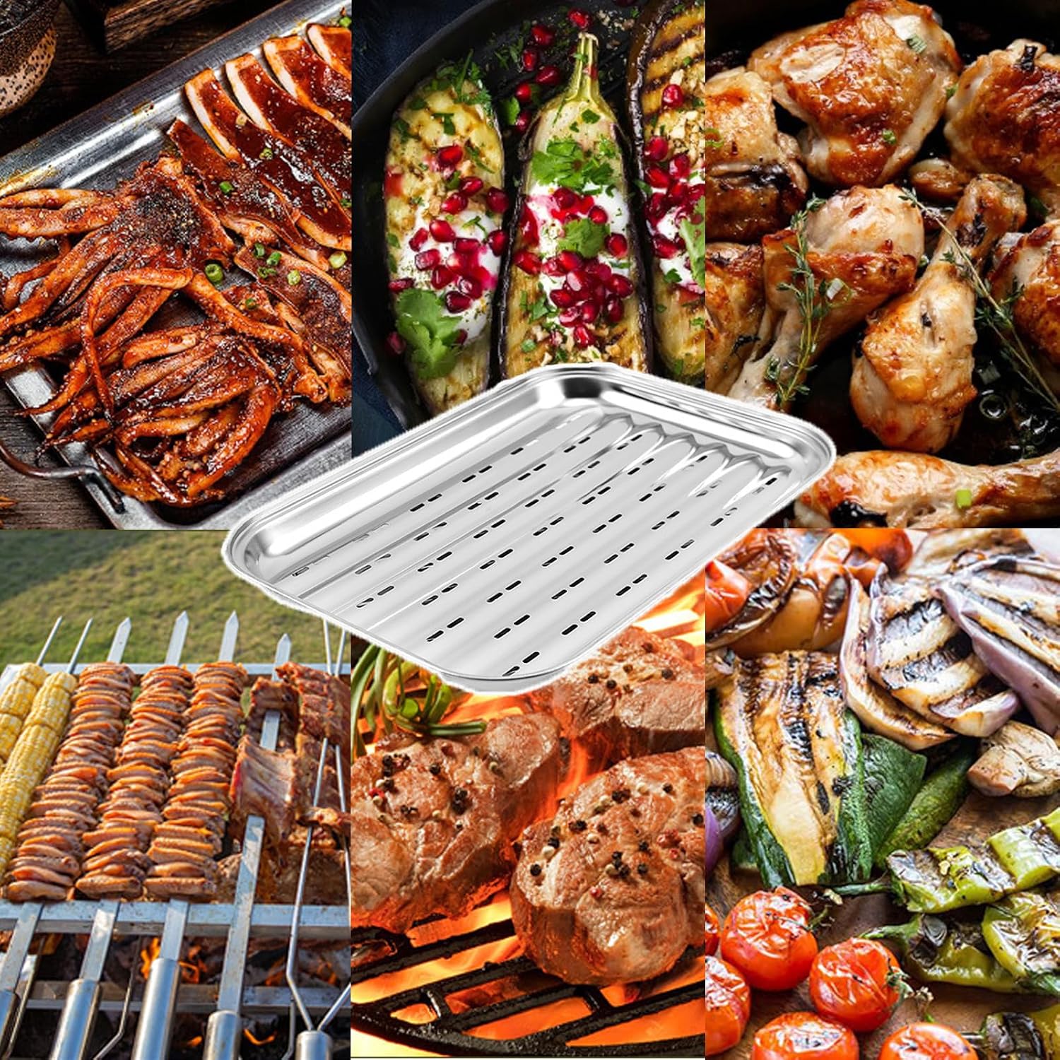Dieses Zweiteilige, Wiederverwendbare Grillkorb- Und Grillpfannenset Aus Edelstahl Verfügt Über Löcher Und Eignet Sich Für Grillabende Im Freien – Zum Grillen Von Gemüse, Fisch Oder Fleisch.