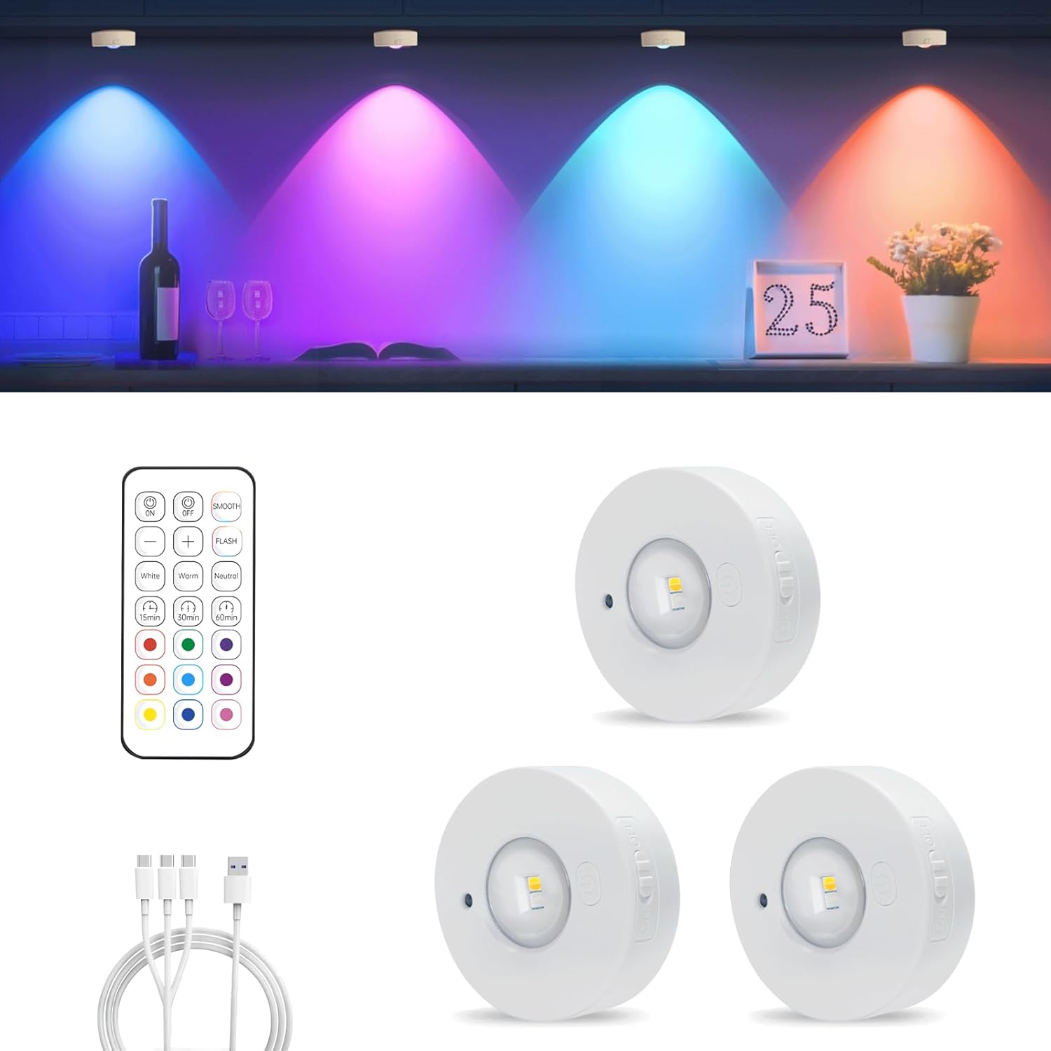 3-teiliges Schrankbeleuchtungsset, Kabellose Magnetische Ladefunktion, 3 Farbtemperaturen + 9 Rgb-led-fensterleuchten, Dimmbare Kleiderschrankbeleuchtung