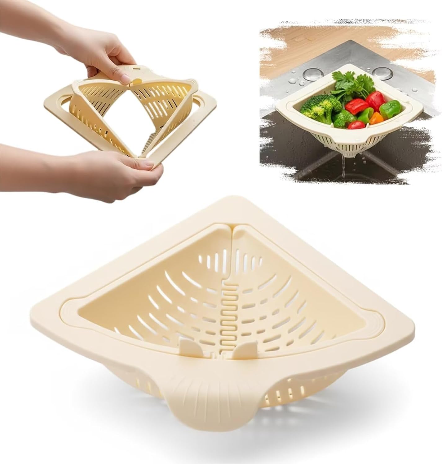Dreieckiges Küchenspülensieb Mit Drehbarem Boden, Inklusive Siebkorb Zum Abtropfen Von Wasser Und Aufbewahren Von Utensilien – Beige