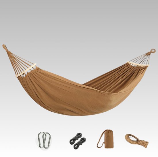 Beige Doppel-hängematte Aus Baumwolle Für Camping, 190 X 150 Cm, Mit Anti-roll-funktion, Inklusive Aufbewahrungstasche Und Gurten