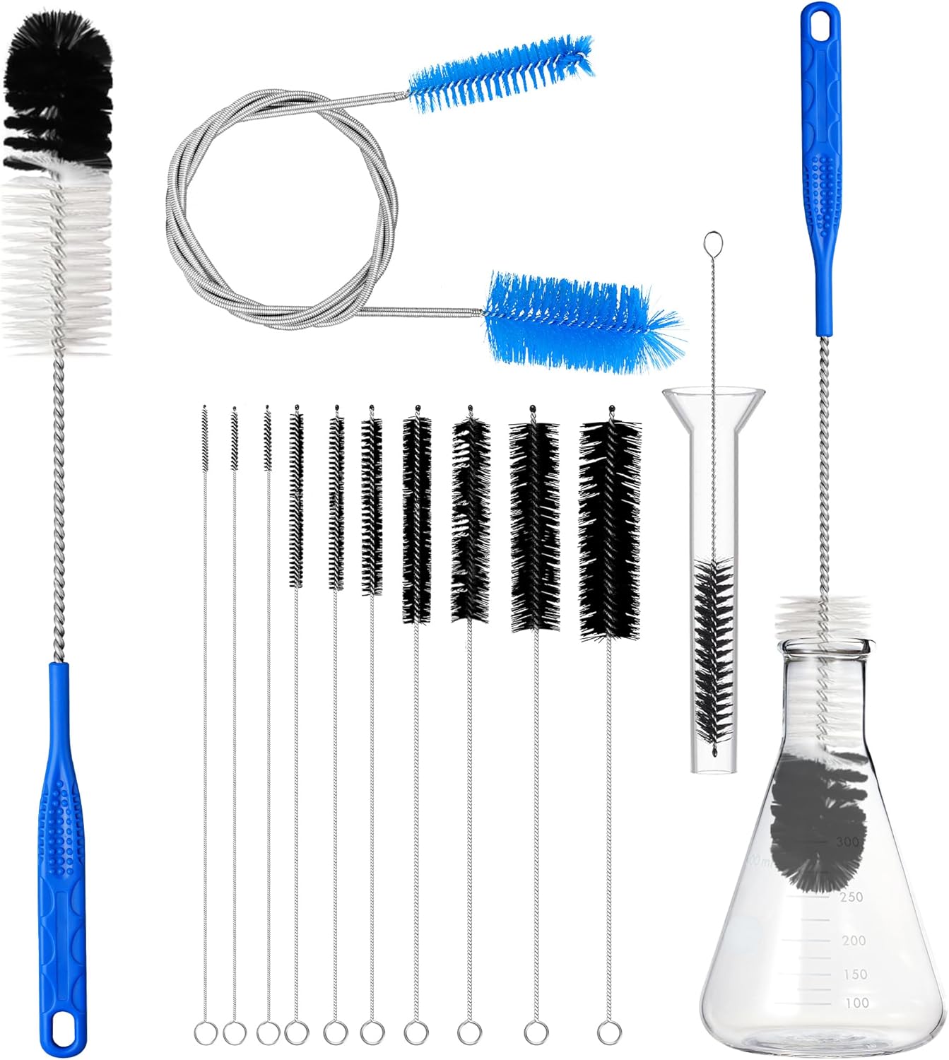 12-teiliges Glasrohr-reinigungsset Mit Bürste, Langem Strohhalm, Trichterflasche, 42 Cm Langem Griff, 21 Cm Langen Bürsten Und 90 Cm Langem, Flexiblem Doppelschlauch (blau)