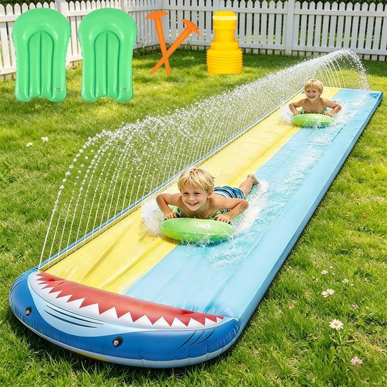 Kinderwasserrutsche, 480 Cm Lang, Doppelwasserrutsche Mit 2 Wasserbrettern, Eingebautem Wassersprühsystem, Wasserspielzeug Für Den Garten, In Haiform.