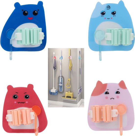 4-teiliges Set Selbstklebender Mopphalter Mit Haken Im Cartoon-design – Bohrfreie Wandmontage Zur Aufbewahrung Von Reinigungsutensilien