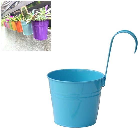 Hängende Metallblumentöpfe Mit Abnehmbaren Haken Und Abflusslöchern, Für Zäune, Wände, Balkone, Drinnen Und Draußen – Blau