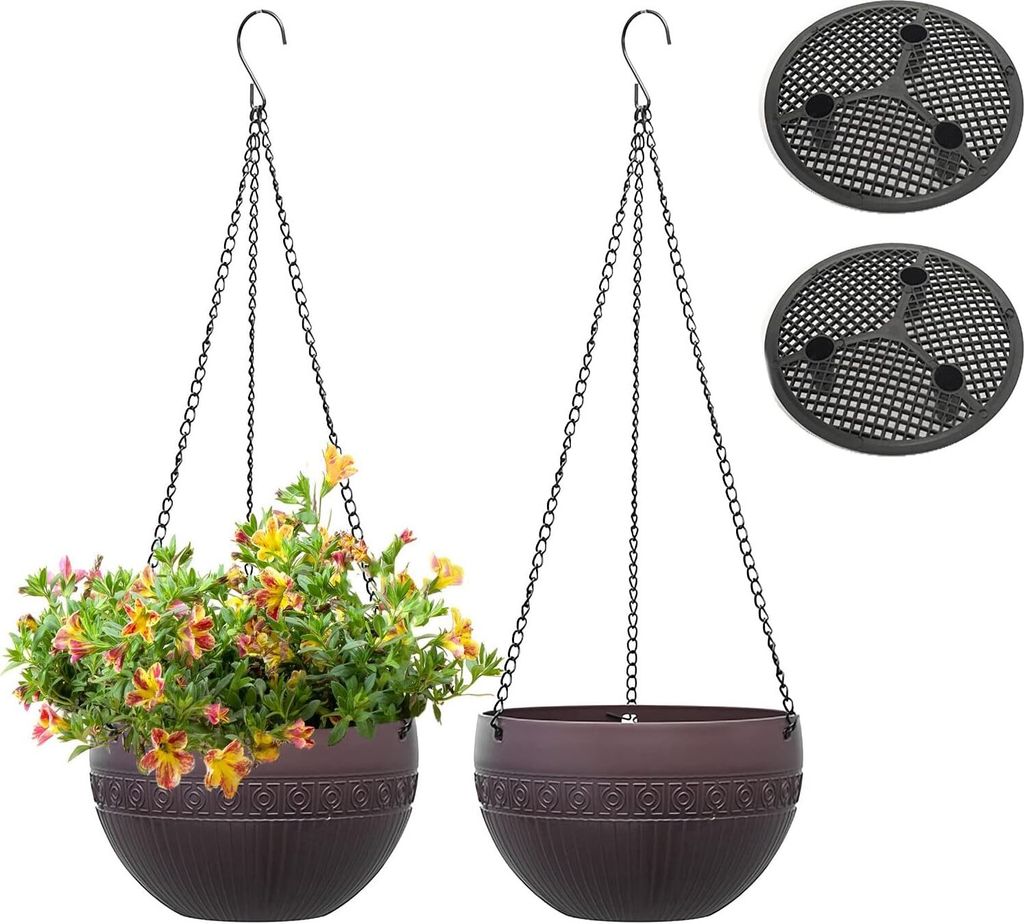 2 Hängeblumentöpfe Für Den Außenbereich Mit Abflusslöchern, Selbstbewässerung, Rostfreien Ketten, Für Drinnen Und Draußen Geeignet, Kaffeefarben, 21 Cm