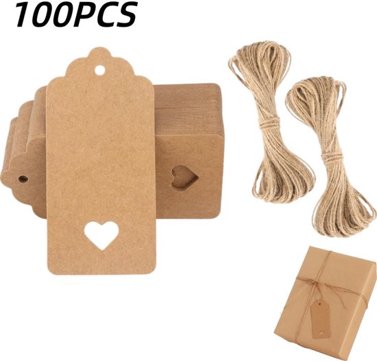 100er-packung Kraftpapier-anhänger, Geschenk- Und Bastelanhänger Mit Schnur, Zum Verpacken Von Geschenken Und Für Partydekorationen, Braun, 4,5 X 9,5 Cm