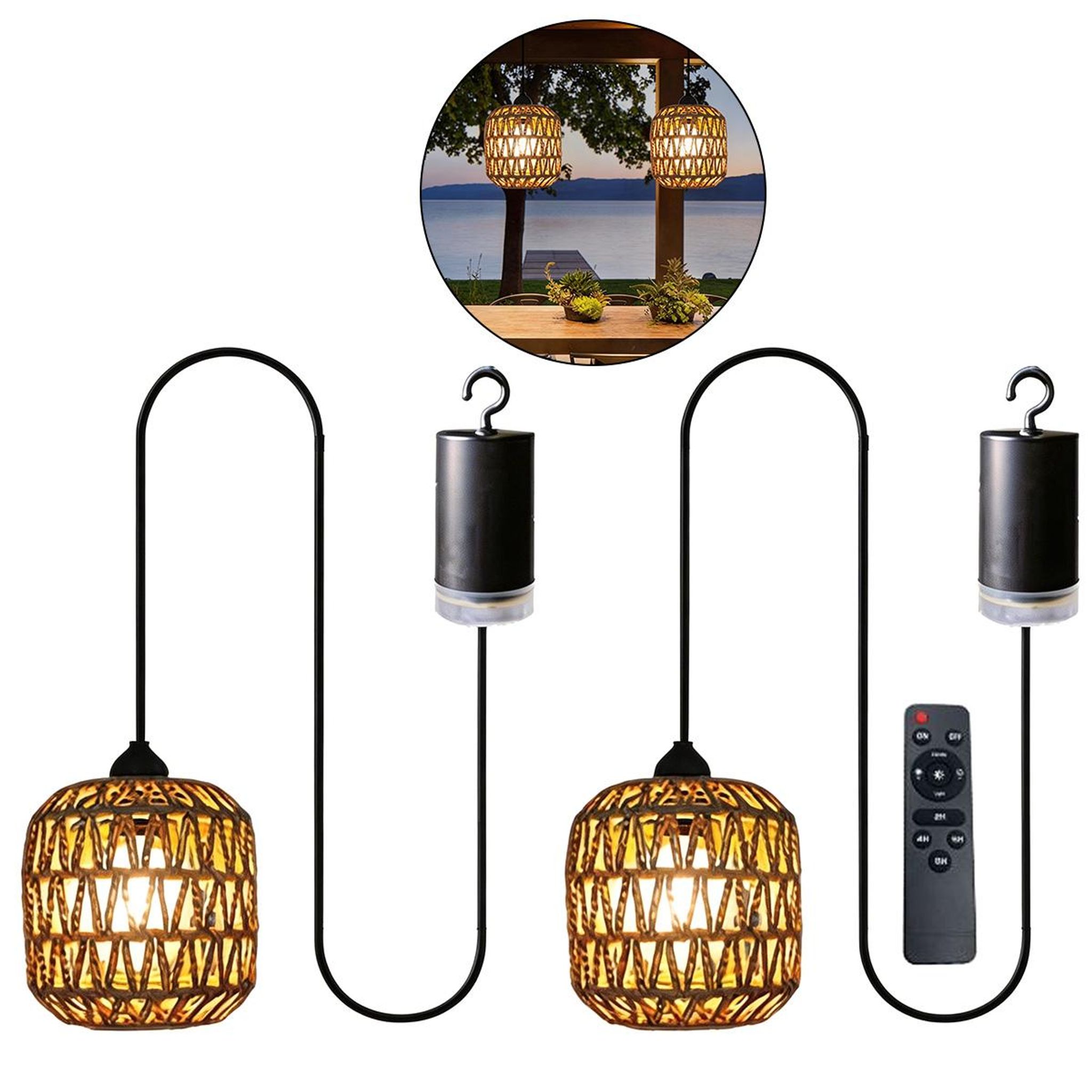 Zwei Batteriebetriebene, Böhmische Pendelleuchten-sets Mit Fernbedienung, Kabellosen Rattan-pendelleuchten Für Garten, Camping, Balkon, Led-leuchten Mit Haken