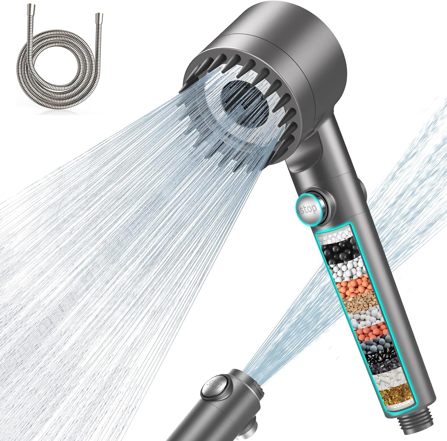 Duschkopf Mit 15-stufigem Filter – Kalkbeständig – Mit 1,5 M Flexiblem Schlauch – Duschfilter Mit 3+1 Strahlarten – Hoch – 1,5 M