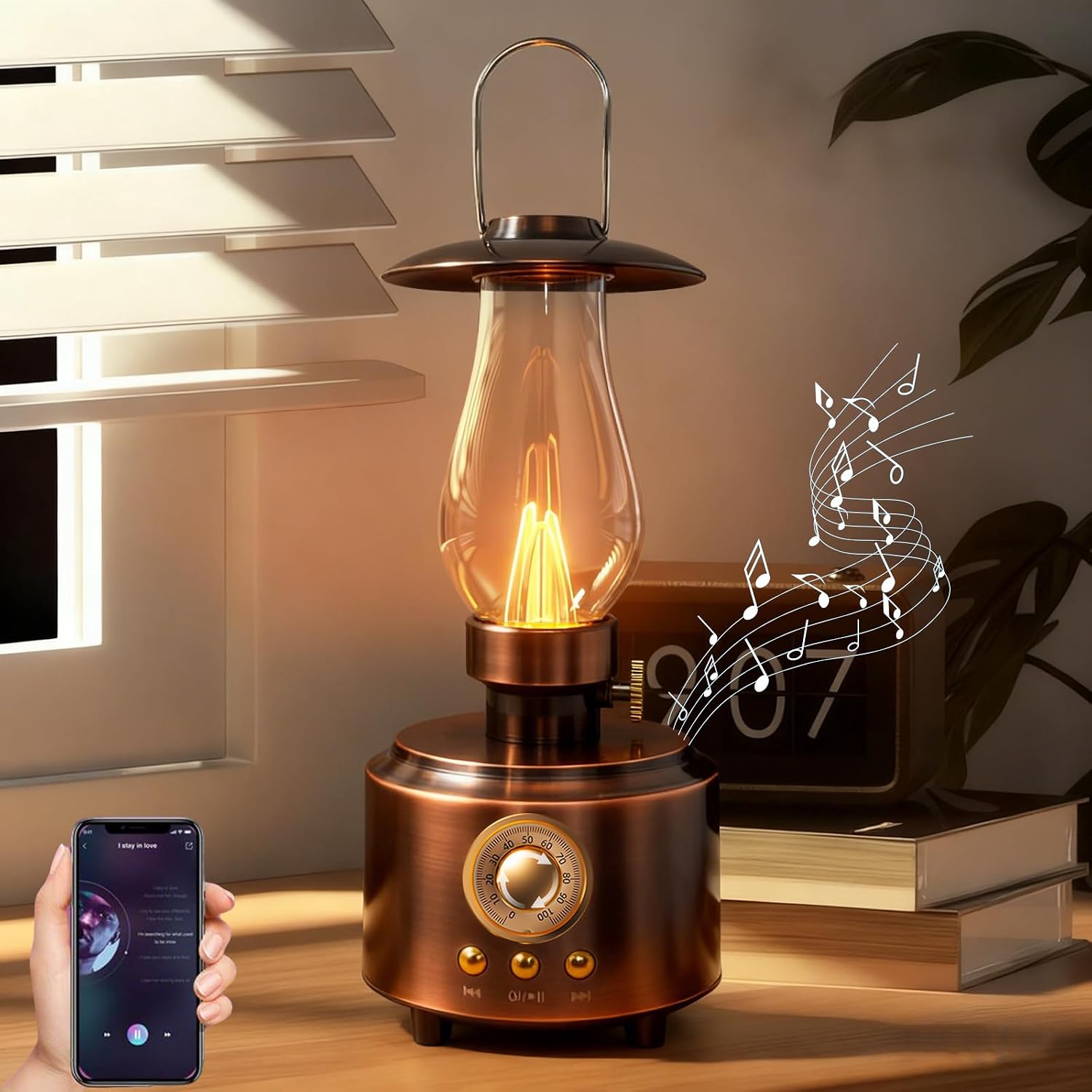Vintage-petroleumlampe Mit Bluetooth-lautsprecher – Wiederaufladbare Led – Stufenlos Dimmbar – Wasserdicht – Für Schlafzimmer Und Camping – Vintage-kupfer