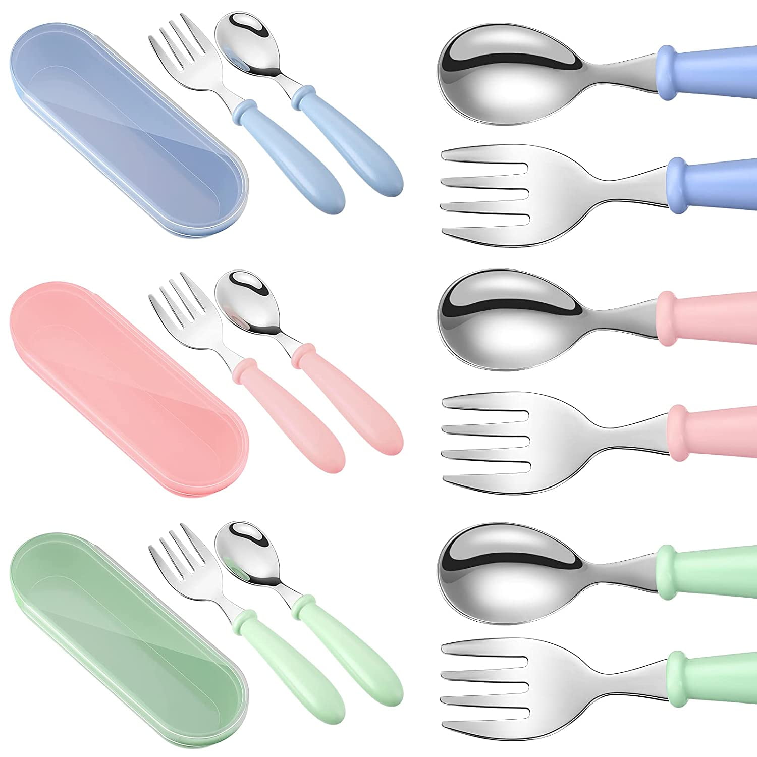 Dieses 6-teilige Kindergeschirrset Umfasst Eine Gabel Und Einen Löffel, Hat Griffe Aus Kunststoff, Ist Aus Edelstahl Gefertigt Und Spülmaschinenfest.