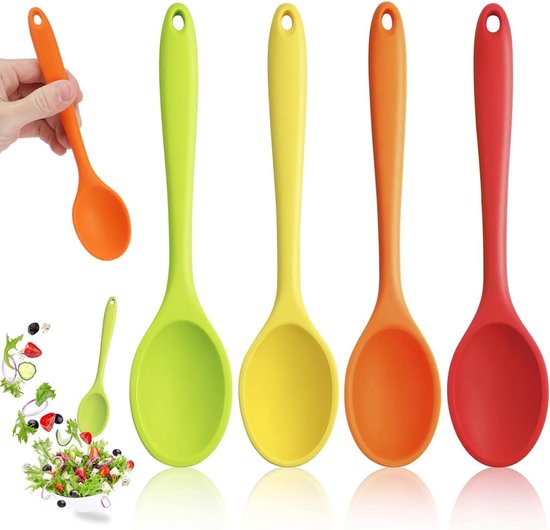 Set Mit 4 Langstieligen, Antihaftbeschichteten Silikon-kochlöffeln – Hitzebeständige Küchenlöffel – Bpa-frei, Geeignet Zum Kochen, Rühren Und Backen.