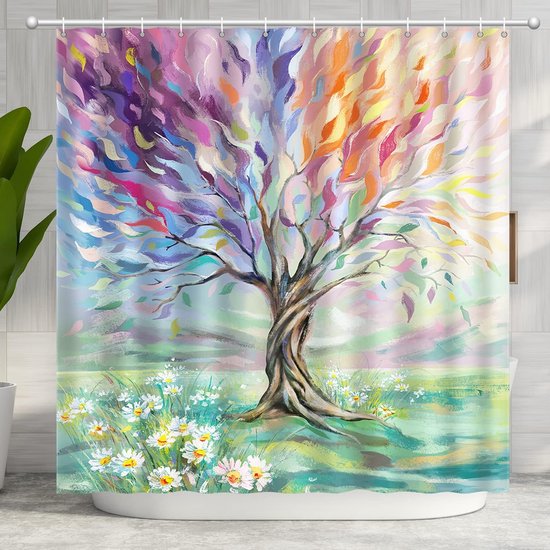Duschvorhang – Wasserdicht – Farbenfrohes, Saisonales Ölgemälde-baummuster – Hochwertig – 180 X 180 Cm – Polyester – Inklusive Aufhängeringen