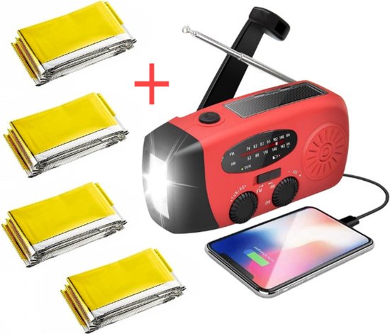 Notfallradio, Wasserdichte Überlebensdecke, Batteriebetriebenes Radio (1 Stück), Wasserdichte Decken (4 Stück), Batterie, Solar, Usb, Kurbel, Thermofunktion