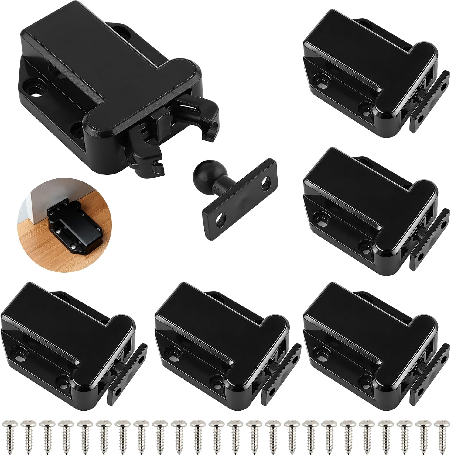 Sechs Druckknopf-schranktürriegel (schwarz), Federbelastete, Selbstverriegelnde Schubladen- Und Schrankbeschläge.