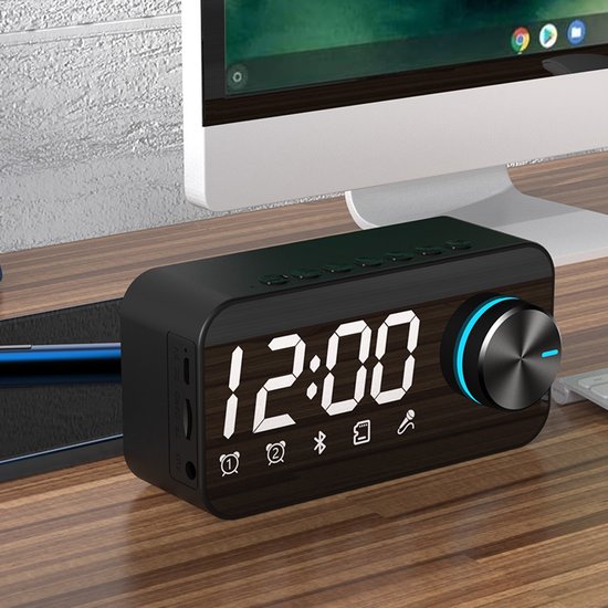 Bluetooth-wecker Mit Lautsprecher, Spiegel, Temperaturanzeige, Fm-radio Und Geräuschunterdrückung (schwarz)