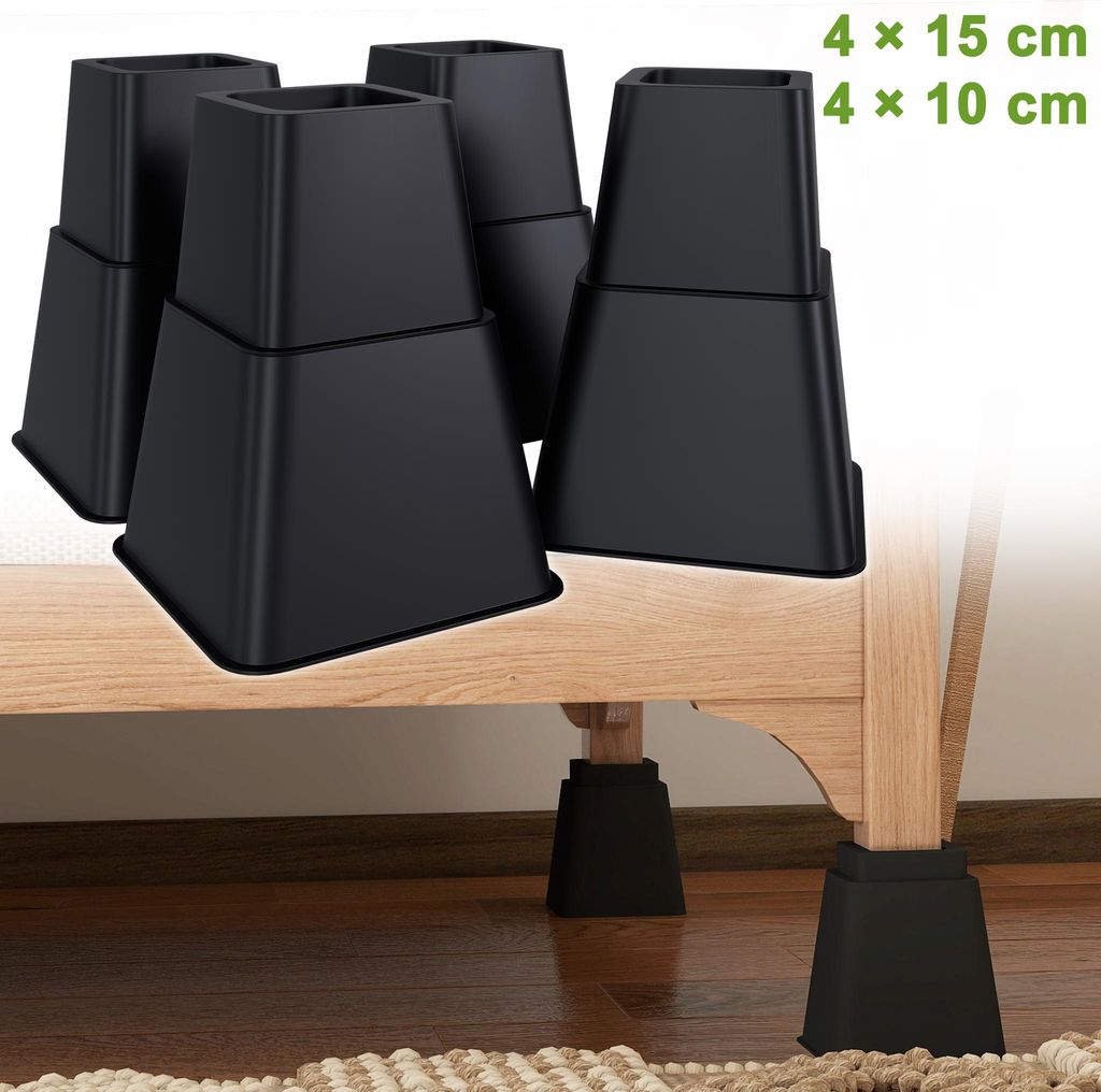Möbelfüße-erhöhungen, 8-teiliges Set Quadratischer Füße (4 X 15 Cm & 4 X 10 Cm), Stapelbar, Rutschfest, Belastbar Bis 2000 Kg, Schwarz