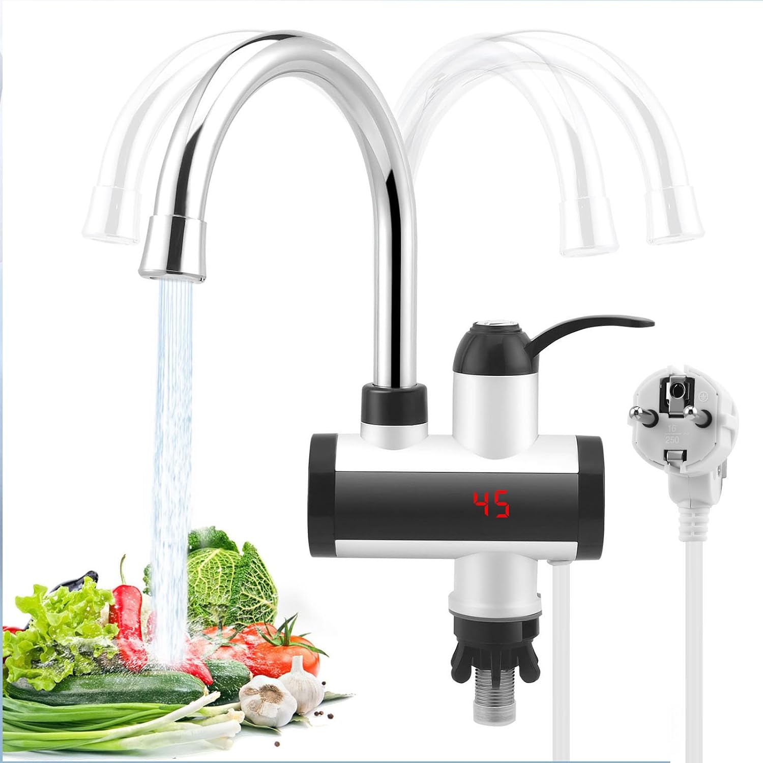 Elektrischer Wasserhahn, Verstellbar, 3000 W, 220 V, Edelstahl, Sofort-heißwasserhahn Mit Digitaler Led-anzeige Und 360° Drehbar