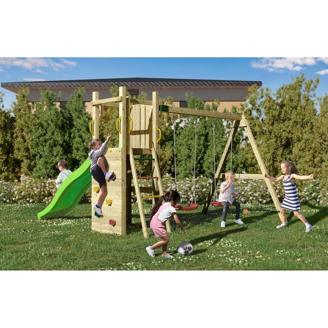 Fungoo Spielturm 'Funny 3', natur, mit Doppelschaukel, Rutsche und Kletterwand
