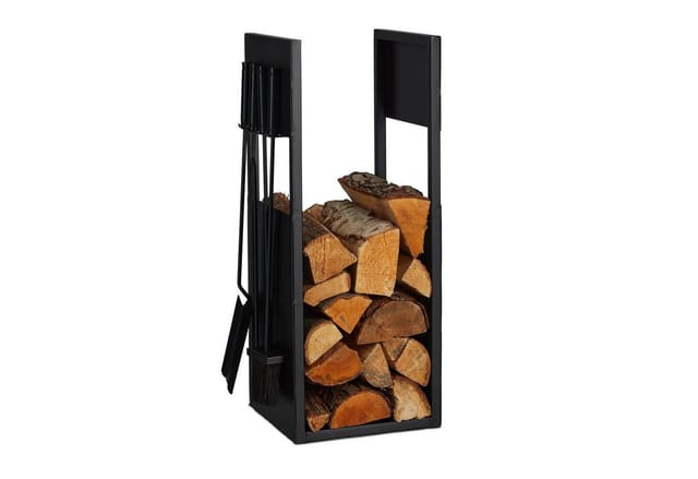 Kaminholzregal Mit Besteck, Metall, Hbt: 76,5x36x30 Cm, Brennholzregal Innen, Holzscheite & Brennholz, Schwarz - Relaxdays