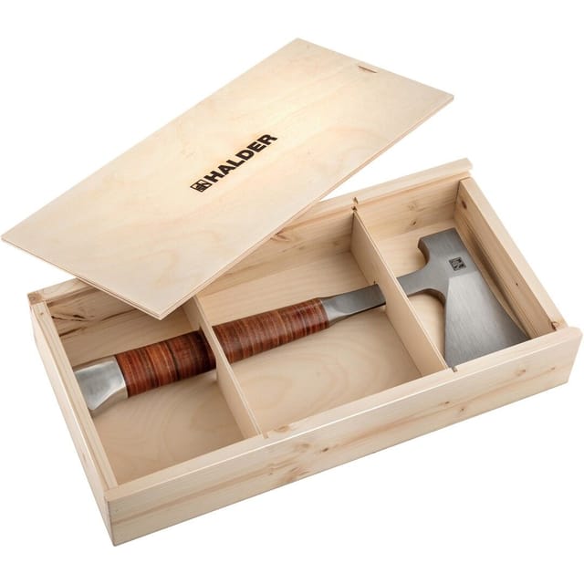 Handbeil, mit Ledergriff, inkl. hochwertiger Ledergürteltasche als Schneidschutz in attraktiver Geschenk-Holzbox 3555s001