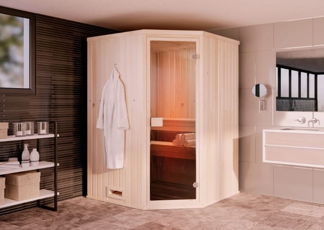 Innensauna Corner Innensauna 1 Sitzbänke aus Holz , Saunakabine mit 40 mm Wandstärke, Dampfsauna mit Montagematerial - Finntherm