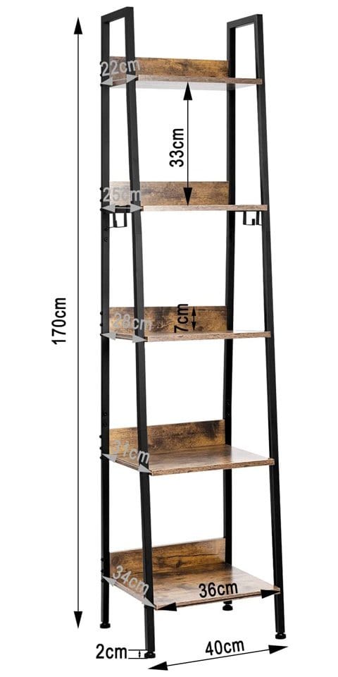 Lagerregal mit 5 Ebenen, Standregal mit 4 Haken im Wohnzimmer Küche, aus mdf Metall schwarz - Woltu