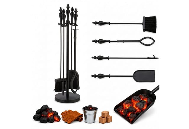 Relaxdays Kaminbesteck Metall Schwarz 5-teilig 77 cm x 20,5 cm 4,5 kg