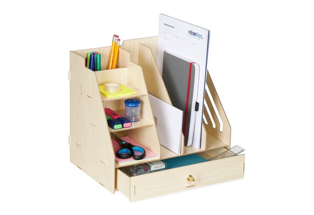 Schreibtisch-Organizer, 3 Schuber, 3 Ablagen, 2 Stifteköcher, 1 Schublade, Büro & Schule, diy, mdf, hellbraun - Relaxdays