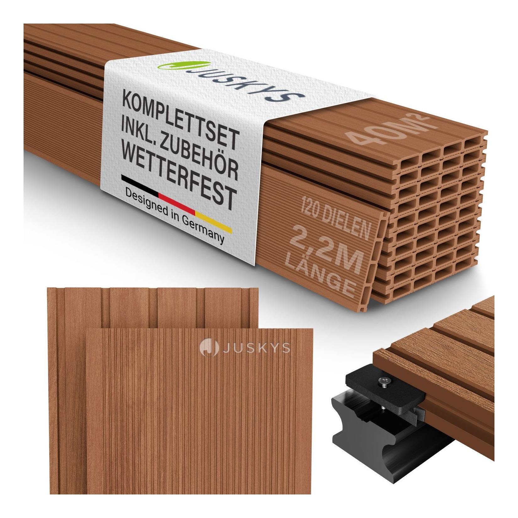Juskys WPC Terrassendielen 40 m² – 220 cm Dielen, wetterfest inkl. Unterkonstruktion – Teak