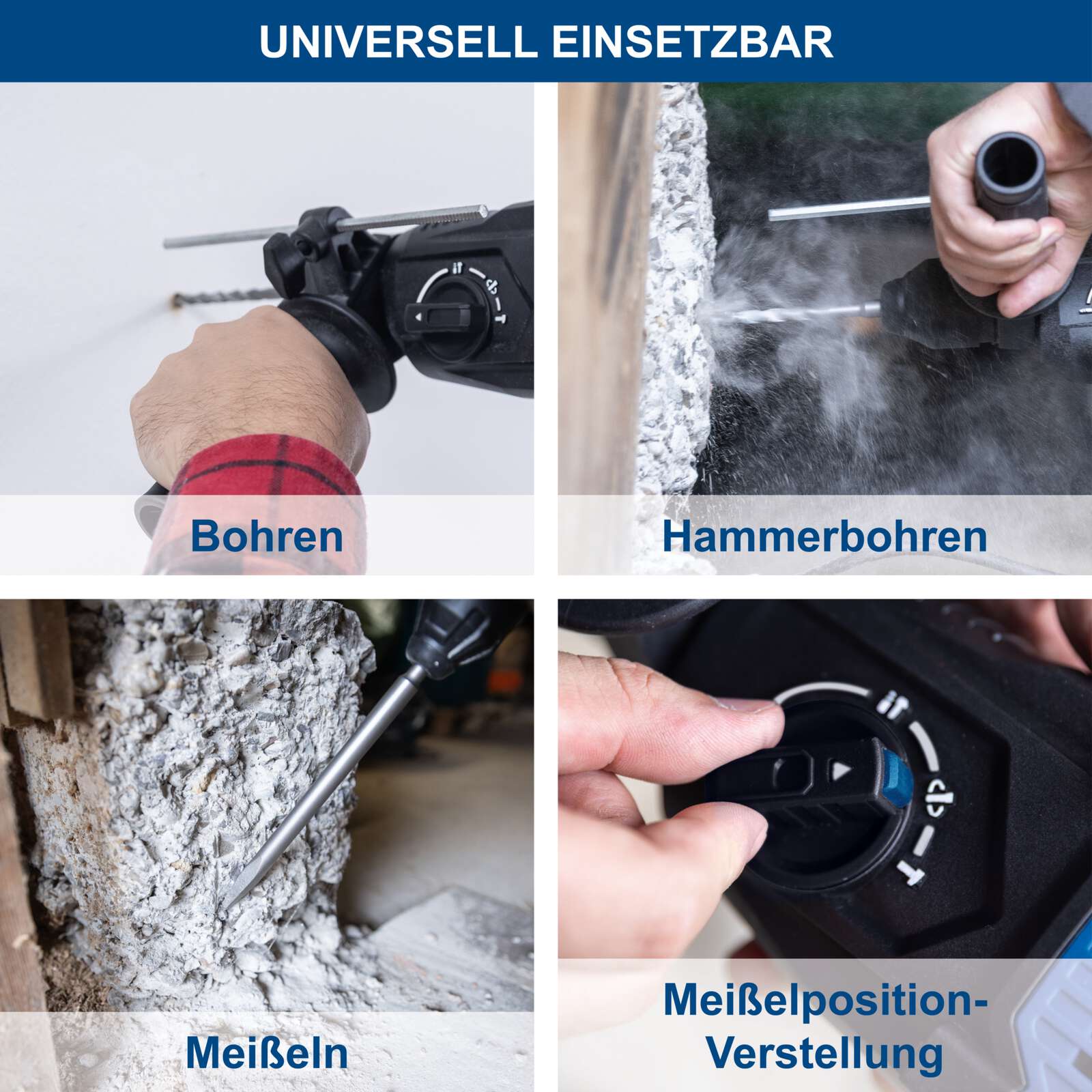 Bohrhammer DH2260 Scheppach - 230V 1050W | 3 Joule Schlagkraft | SDS-Plus | 26mm Bohrleistung Beton | 4in1 Funktion | 5500bpm | Variable Drehzahl