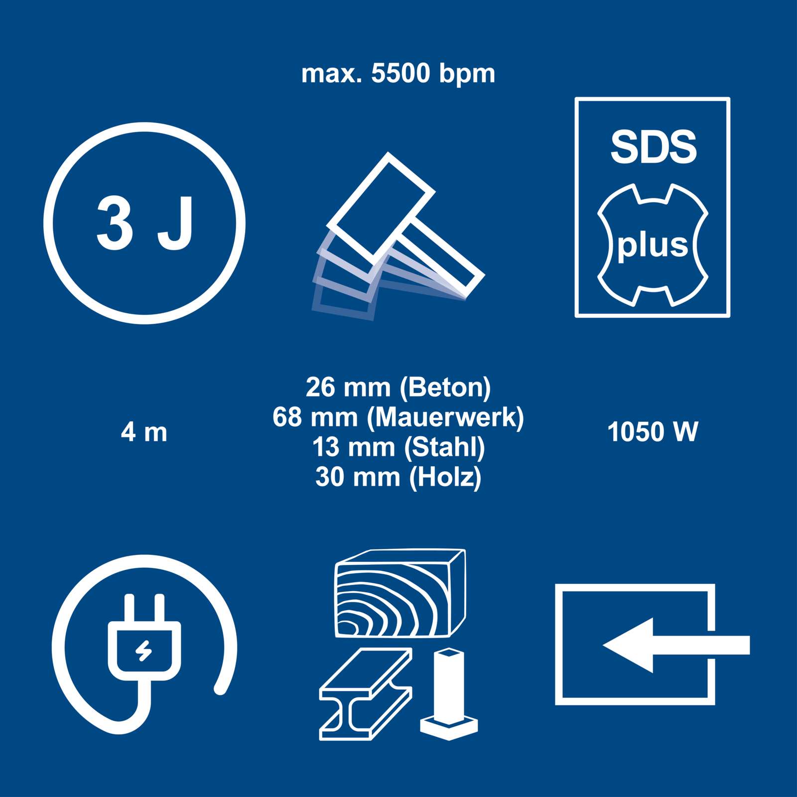 Bohrhammer DH2260 Scheppach - 230V 1050W | 3 Joule Schlagkraft | SDS-Plus | 26mm Bohrleistung Beton | 4in1 Funktion | 5500bpm | Variable Drehzahl Bild 3