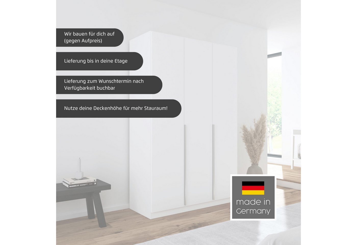 OTTO home Drehtürenschrank Kleiderschrank Schrank Garderobe AGORDO mit Glasfront und Spiegel (in zwei Griff-Farben, Breiten 91-405 cm) durchdachte Innenausstattung, in 8 Breiten und 2 Höhen MADE IN GERMANY Bild 2