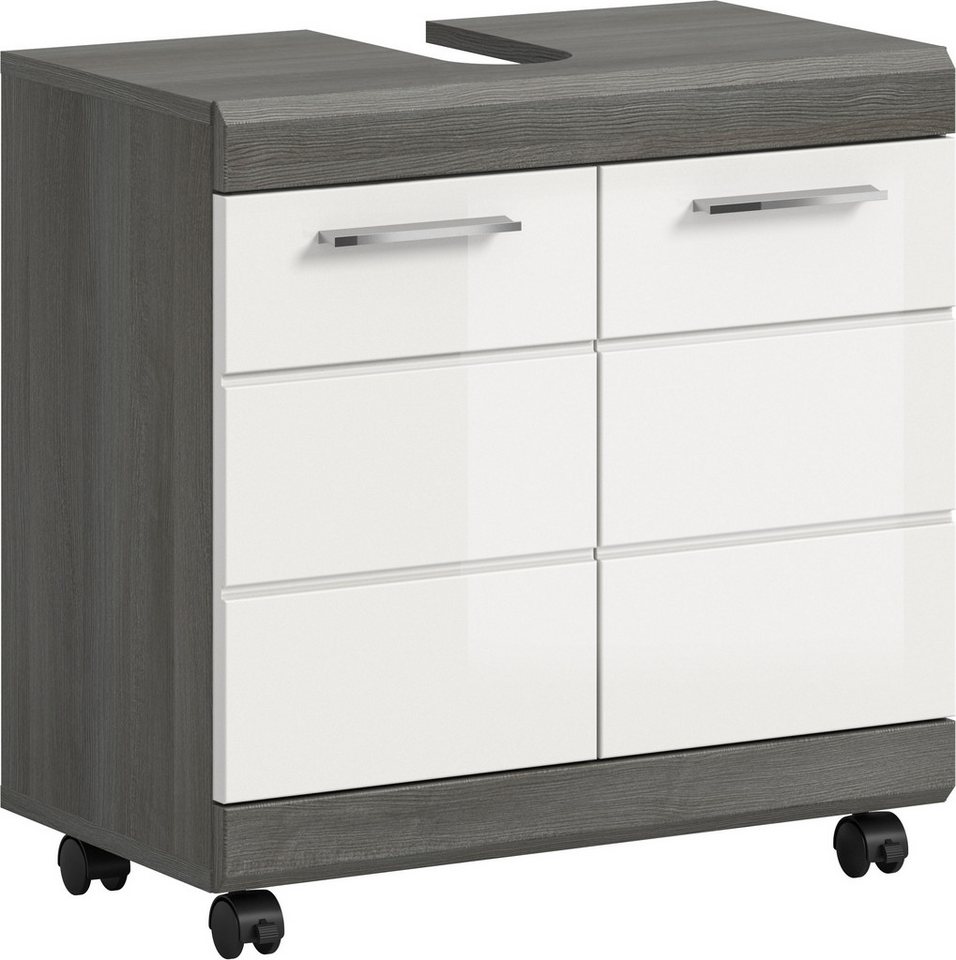 welltime Waschbeckenunterschrank SIENA, Breite 60cm, 2 Türen, auf Rollen, MDF-Front (TOPSELLER!, mit Siphonausschnitt 10x25 cm) in verschiedenen Farben erhältlich, Badmöbel, Badschrank, Kommode, Bad