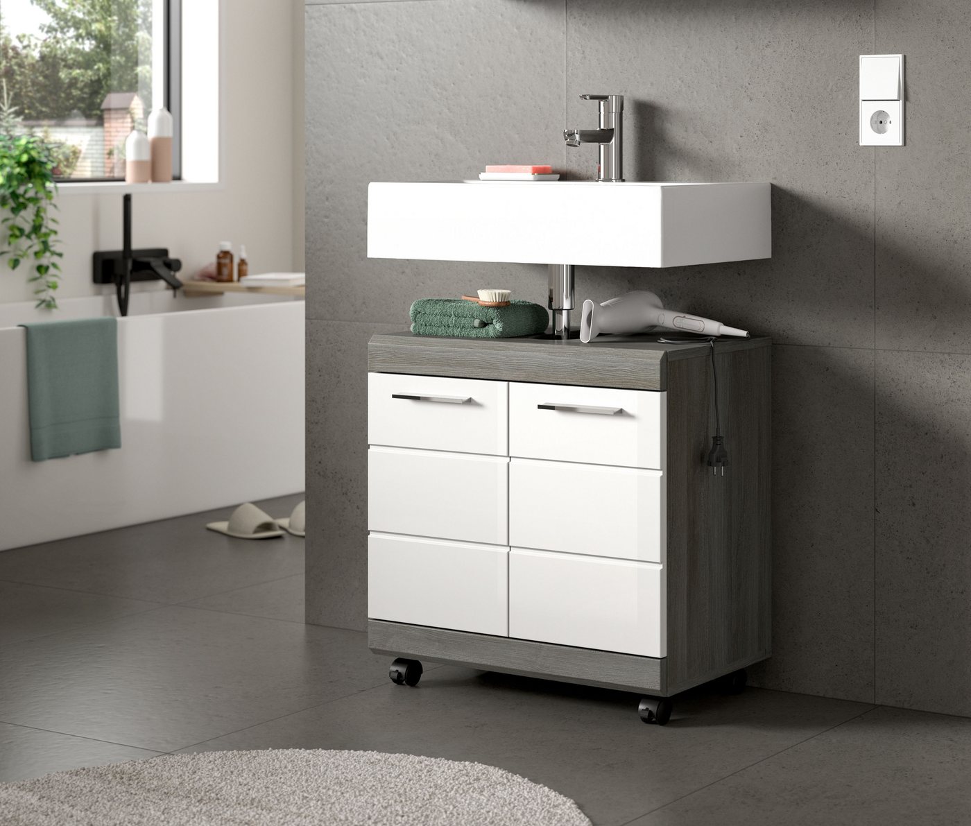 welltime Waschbeckenunterschrank SIENA, Breite 60cm, 2 Türen, auf Rollen, MDF-Front (TOPSELLER!, mit Siphonausschnitt 10x25 cm) in verschiedenen Farben erhältlich, Badmöbel, Badschrank, Kommode, Bad Bild 2