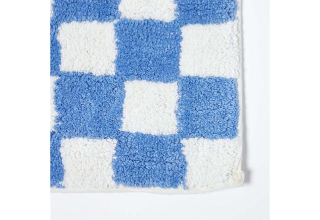 Karierte Rutschfeste Badematte 100% Baumwolle, blau und weiß - Homescapes