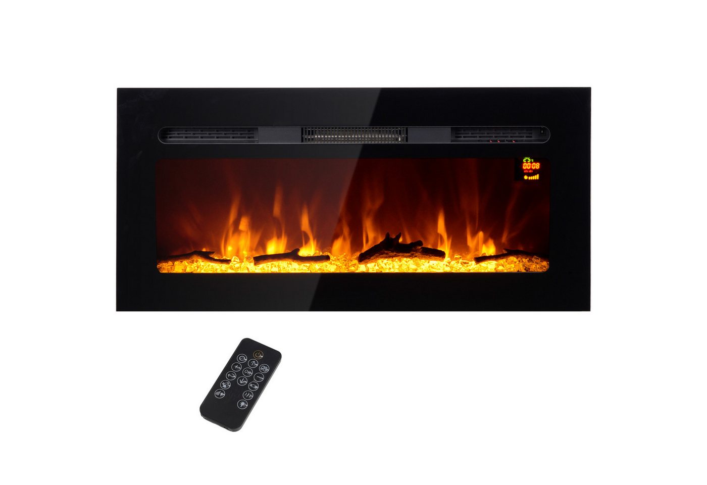 HOMCOM Elektrokamin 1800 W, mit LED Flammeneffekt, in 3 Farben mit 5 Helligkeitsstufen, mit Fernbedienung, Touchscreen, Wandmontage, Schwarz
