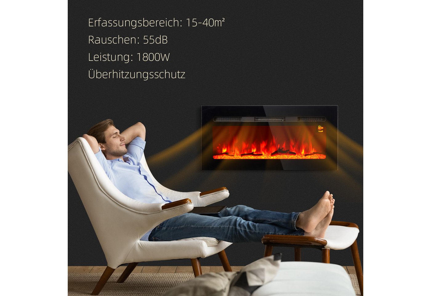 HOMCOM Elektrokamin 1800 W, mit LED Flammeneffekt, in 3 Farben mit 5 Helligkeitsstufen, mit Fernbedienung, Touchscreen, Wandmontage, Schwarz Bild 2